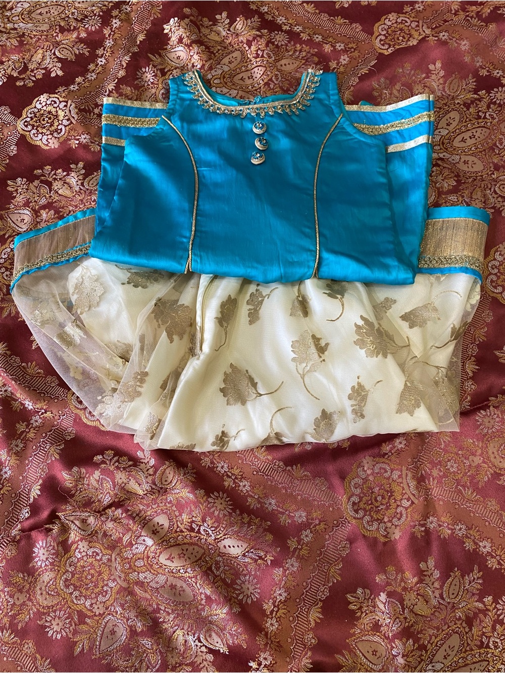 Girls Teal and Ivory A-Line Party Dress with teal shirt and skirt